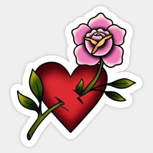 Pink Rose Red Heart Traditional Tattoo Sticker